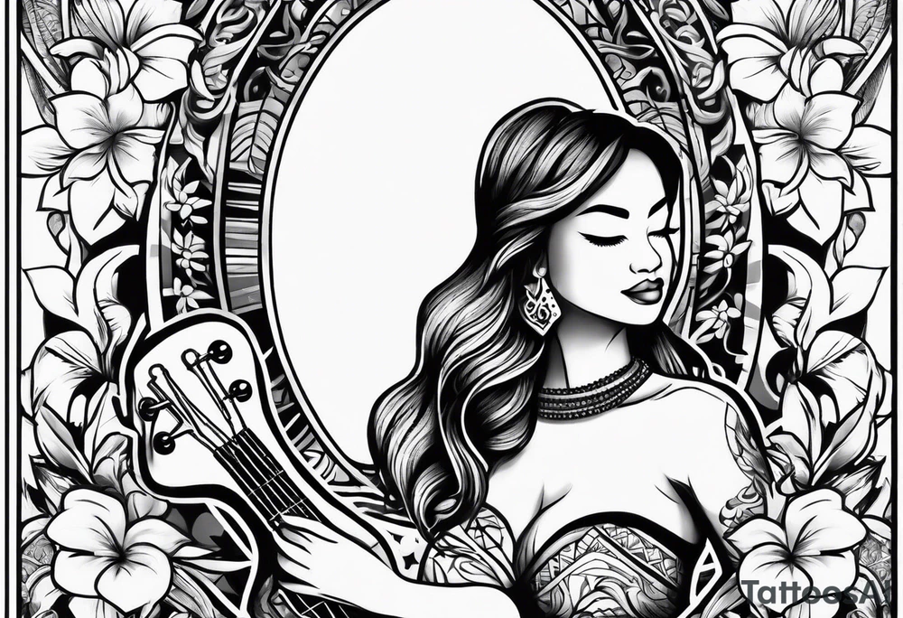 body of hula girl squating and dance with ukulele tattoo idea