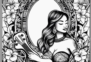 body of hula girl squating and dance with ukulele tattoo idea