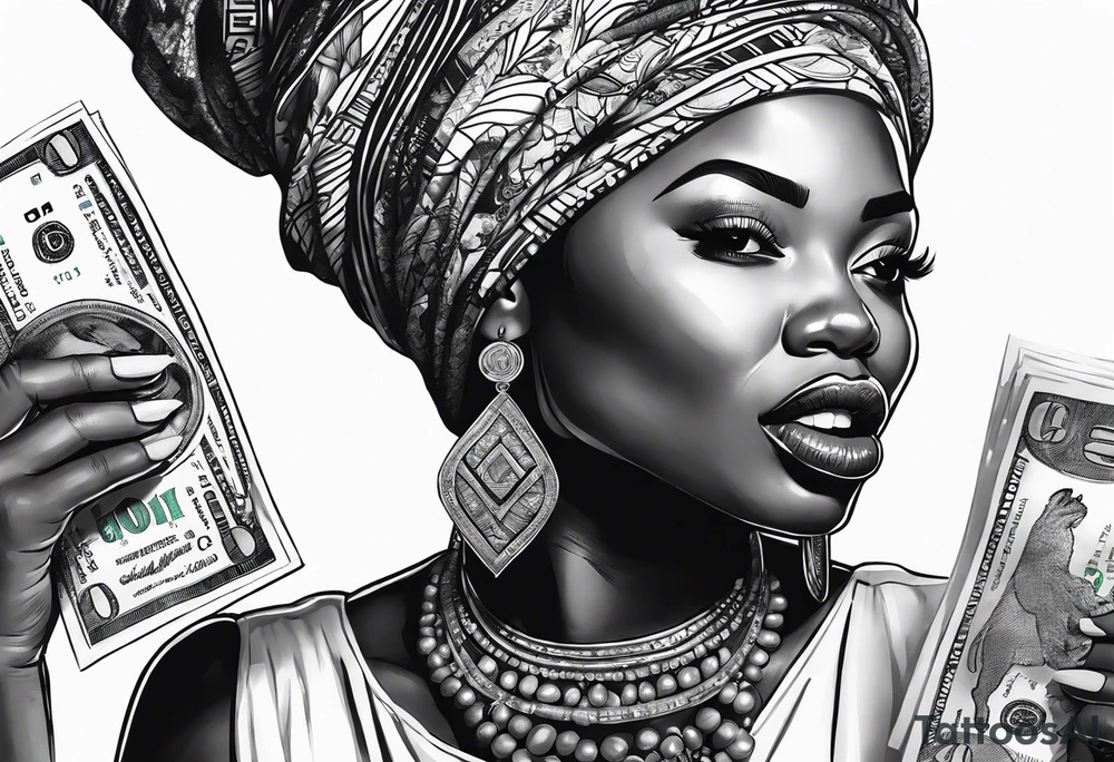 african woman biting money tattoo idea
