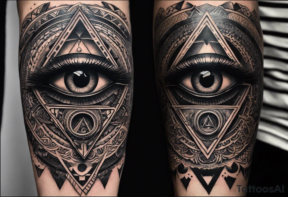 A full tattoo sleeve designed with a masculine and impactful aesthetic, featuring a central motif of a detailed eye enclosed within an equilateral triangle, symbolizing the all-seeing eye or third eye. The eye is intricately detailed, with shading that emphasizes depth and insight, while the equilateral triangle frames it with precision, enhancing its symbolic meaning. Surrounding this central element, incorporate roses and leaves, rendered with rich, detailed shading. The roses, symbolizing beauty and strength, and the leaves, adding natural elegance, are intertwined to create a seamless flow around the central eye. The shading throughout the design is deep and dramatic, adding contrast and depth to both the eye and the floral elements. The overall aesthetic focuses on strong shading and contrast to highlight the intricacies of the design, resulting in a powerful, masculine sleeve with a captivating balance between symbolic and artistic elements tattoo idea