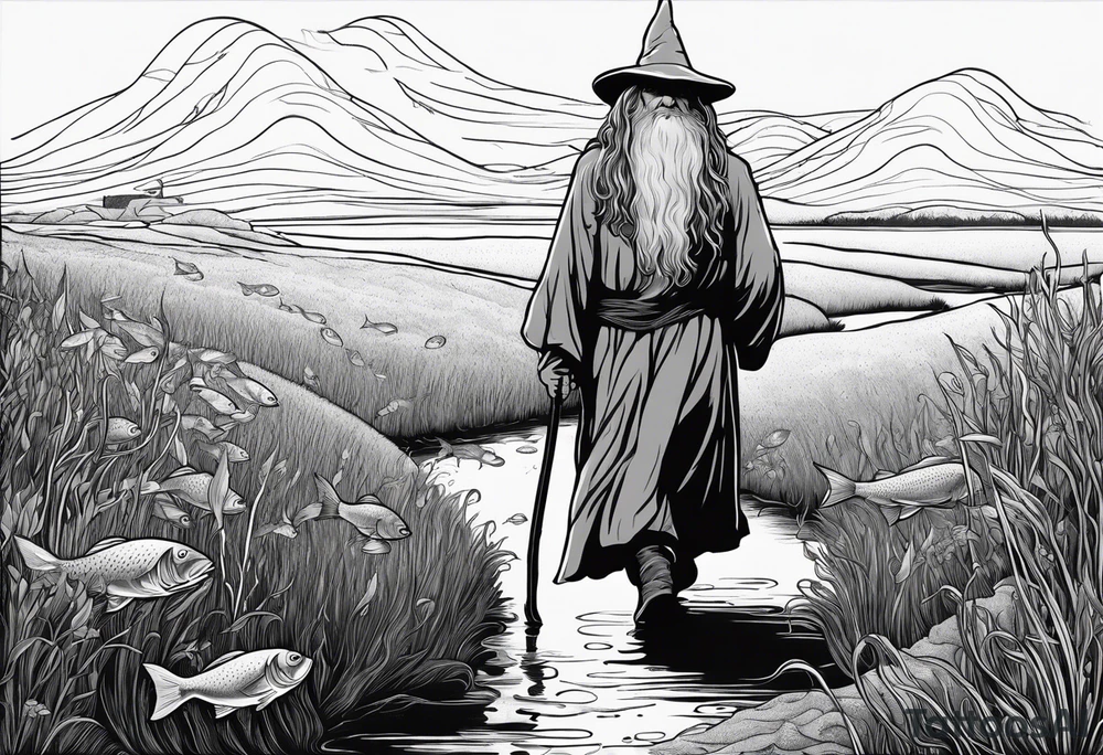 gandalf walking into a field of fish tattoo idea