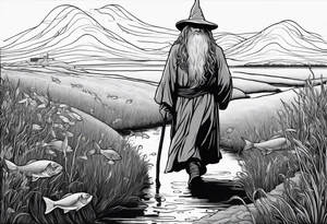 gandalf walking into a field of fish tattoo idea
