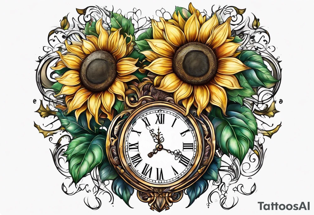 Sunflower clock leaves heart tattoo idea