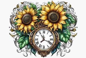 Sunflower clock leaves heart tattoo idea