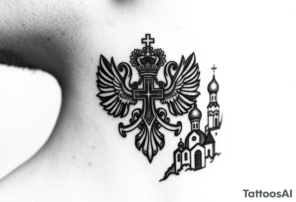 russian coat arms in a russian christian orthodox cross with the cross in the middle with a virgin mary & orthodox dome church on the side of the neck tattoo idea