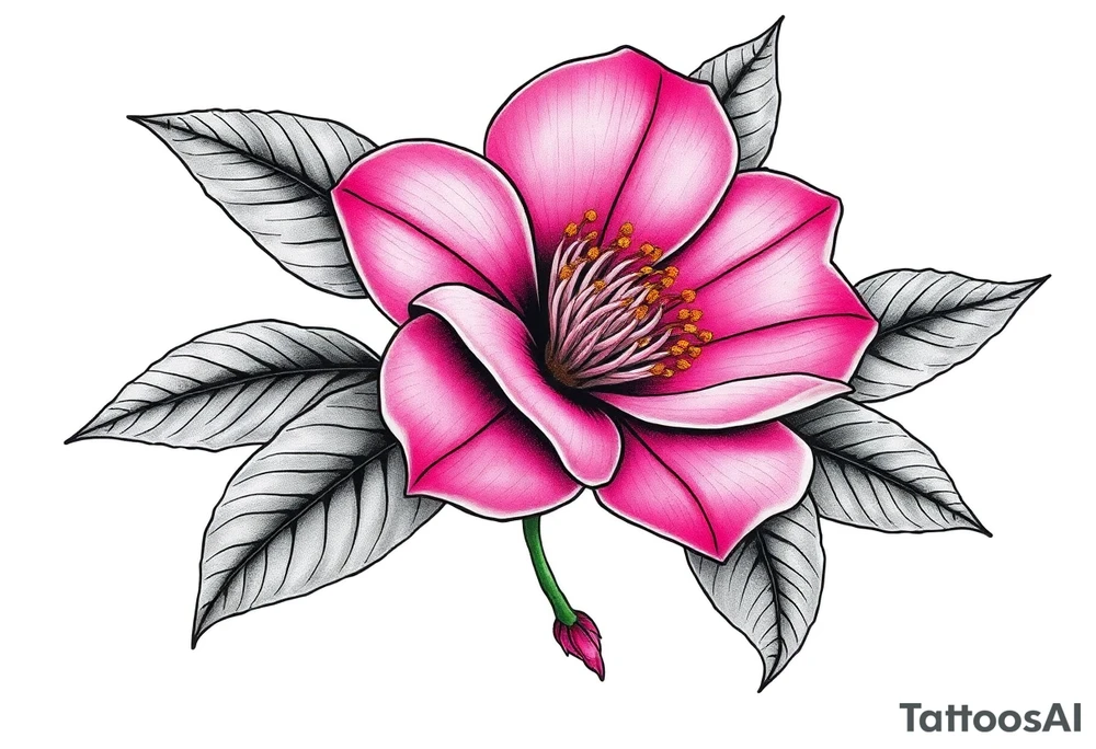 pink camelia flower with leaves and stem tattoo idea