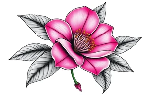 pink camelia flower with leaves and stem tattoo idea