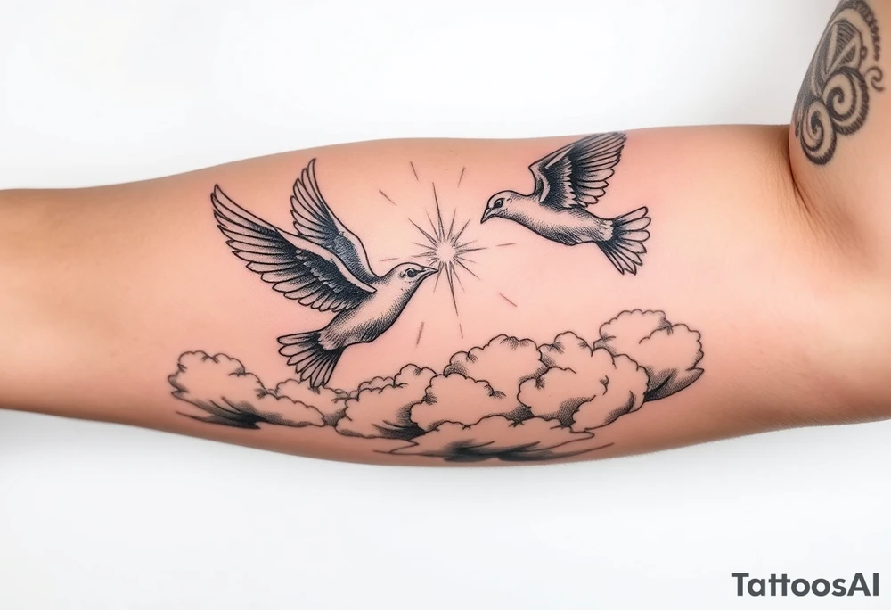 Doves, clouds, shining light to or from heaven tattoo idea Doves, clouds, shining light to or from heaven tattoo idea
