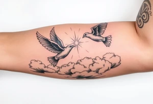 Doves, clouds, shining light to or from heaven tattoo idea