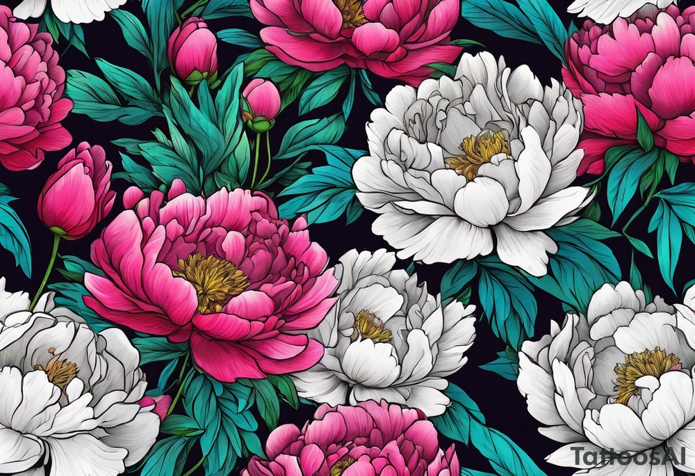 colorful peonies bouquet, neon colored tattoo idea
