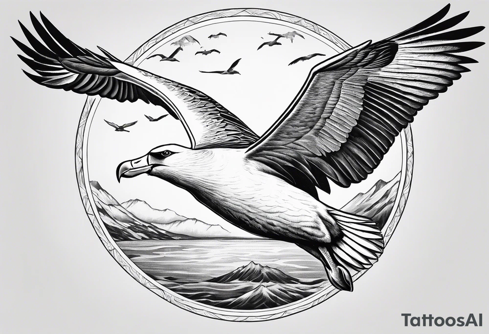 flying giant albatross symmetrical, circle background tattoo idea