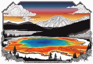 grand prismatic spring in a 
bison silhouette tattoo idea