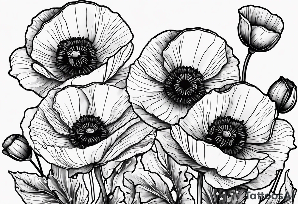 Poppy flowers with the date 1/15/22 in Roman numerals tattoo idea