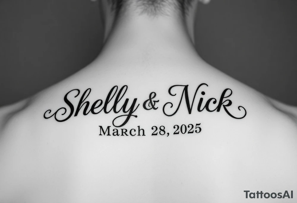 stylized "Shelly + Nick" with date March 28 2025 tattoo idea