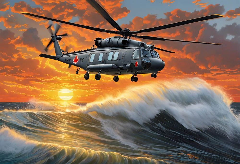 Canadian military grey CH-148 Cyclone helicopter soaring low over rough, ocean waves. The sun is setting, casting a dramatic glow on the scene with realistic clouds and a specular reflection of the helicopter on the water. The helicopter should be the main focus, with intricate details and a sense of motion. In the background, a poppy be prominently displayed tattoo idea