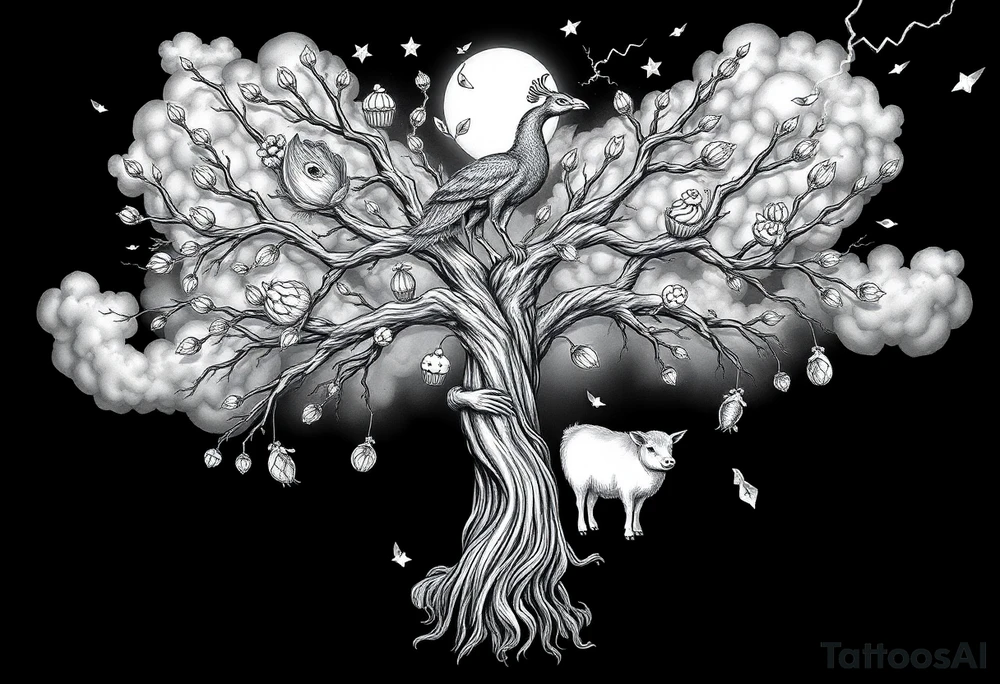 mystical tree  with cosmic  branches fat naked sexy woman , peacock , pig , cupcakes, sins,  Storm clouds, pig, peacock , fat sexy naked fat woman, cupcake, ice cream, hot dogs, shake, noose , money, goat lion, man sex toys pussy dicks, cigerette storm lightening, killing, darkness death, violent majestic creatures and penis and vagina tattoo idea