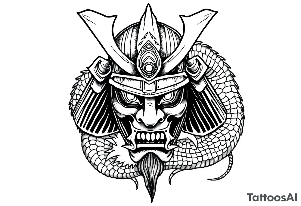 Samurai helmet tattoo design with dragon wrapped around, black and grey ink, Japanese tattoo style, intricate armor, fierce expression, mythological energy, tattoo linework, medium forearm size, symmetrical design tattoo idea