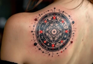 A charcoal black alchemical circle containing zodiac signs and red dots of energy at each point. tattoo idea