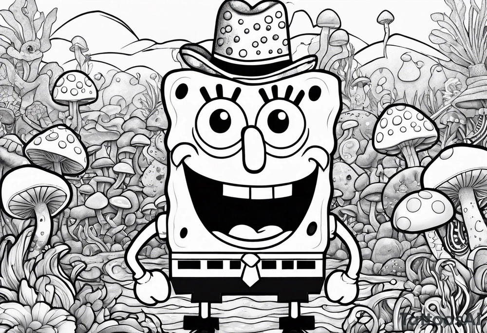 spongebob taking psychedelic mushrooms in bikini bottom tattoo idea