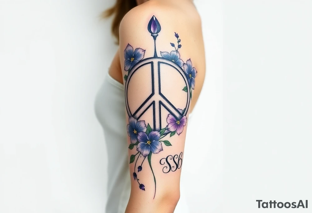 peace symbol intertwined with violets Pisces symbol, dog prints, amethyst, initials csb in cursive font tattoo idea