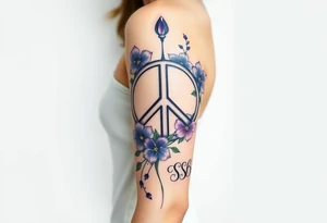 peace symbol intertwined with violets Pisces symbol, dog prints, amethyst, initials csb in cursive font tattoo idea