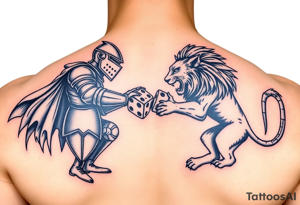 Knight and lion fighting rolling dice tattoo idea