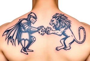 Knight and lion fighting rolling dice tattoo idea