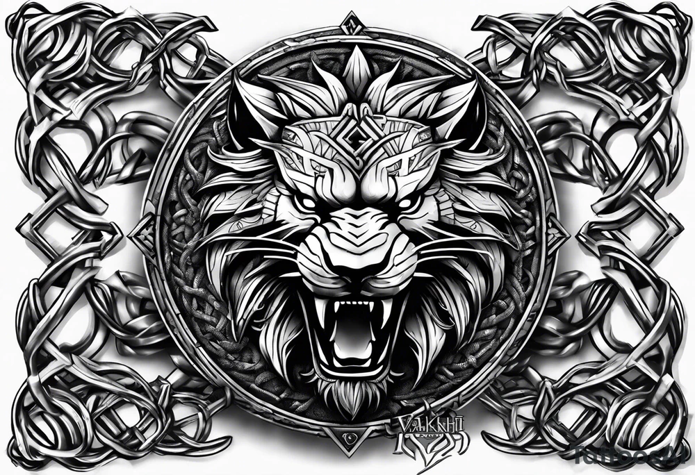 Valhalla sword shield dragon axe Valknut barbed wire chains lion tattoo idea