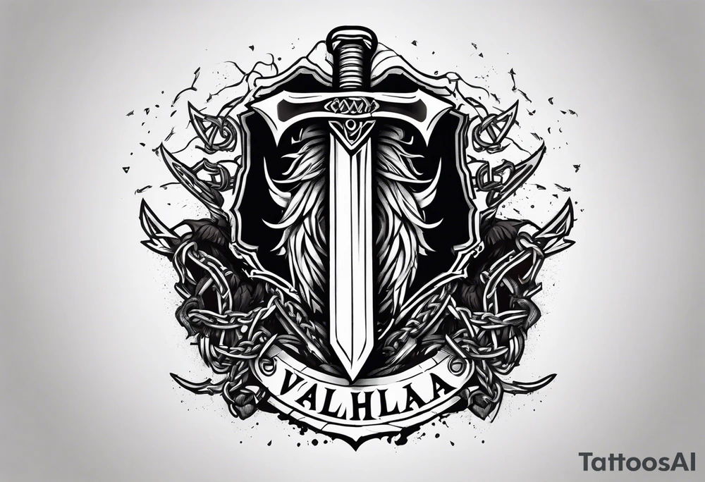 Valhalla sword shield axe barbed wire chains dark cloud tattoo idea