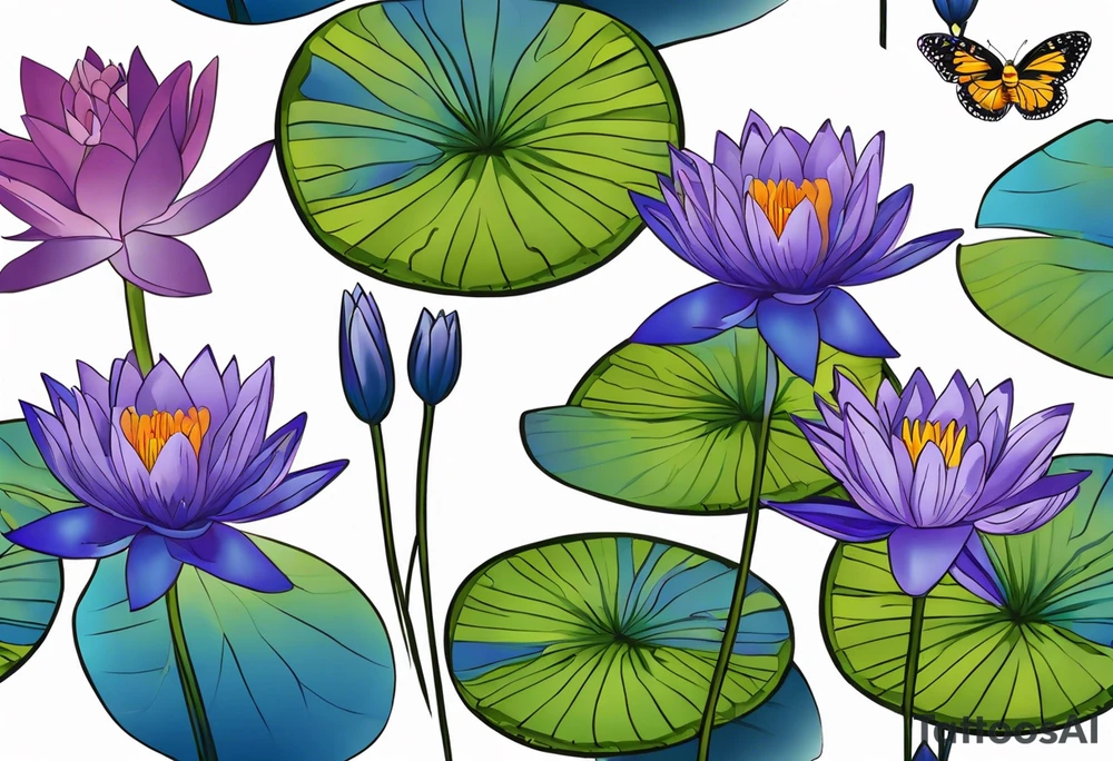 Design a vine of flowers tattoo Centerpiece: Blue and purple Water Lily: Place this at the center, its petals elegantly spread, symbolizing serenity. Place a blue butterfly resting on the waterlily Orange Marigold: Positioned to one side of and below the water lily, with vibrant petals, and a small bumblebee buzzing nearby. Purple Gladiolus: Tall and striking, place these on one side and above the water lily cascading slightly for a natural look. Purple Iris: Integrate these on the opposite side and above the water lily, their unique shape adding depth and contrast. Pink Rose: Position this slightly below the water lily with its delicate petals and gentle curves. Interweave around the water lily, Marigold and rose christmas holy vine with dark green leaves and red berries Vine and Leaves: Use flowing vines that interweave between the flowers, creating a cohesive look. Add leaves that vary in size and shape for a naturalistic tattoo idea