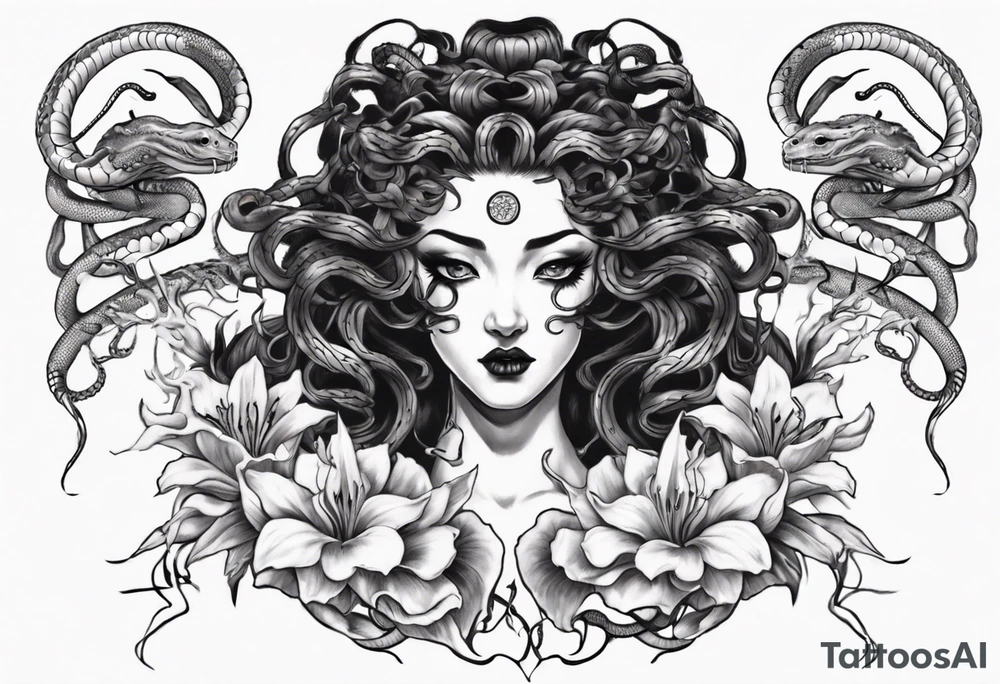 Dark/goth Medusa with white pupils and snake hair. Lilies tattoo idea