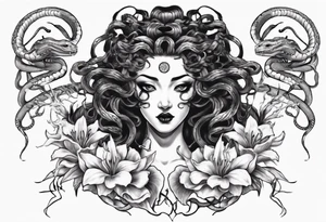 Dark/goth Medusa with white pupils and snake hair. Lilies tattoo idea