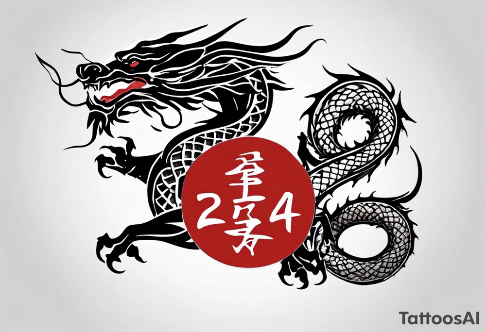 A simple tattoo of the year "2024" with a simple Chinese dragon must include the text "2024" in English tattoo idea