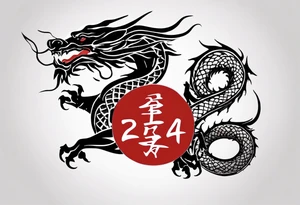 A simple tattoo of the year "2024" with a simple Chinese dragon must include the text "2024" in English tattoo idea