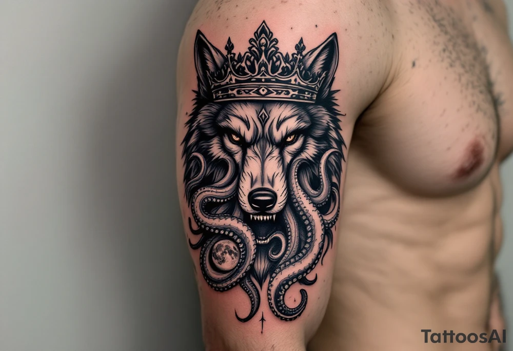 powerful majestic wolf octopus with a crown, howling to the moon tattoo idea