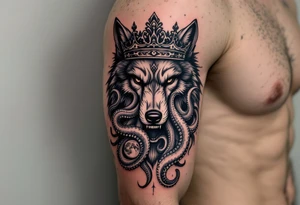 powerful majestic wolf octopus with a crown, howling to the moon tattoo idea