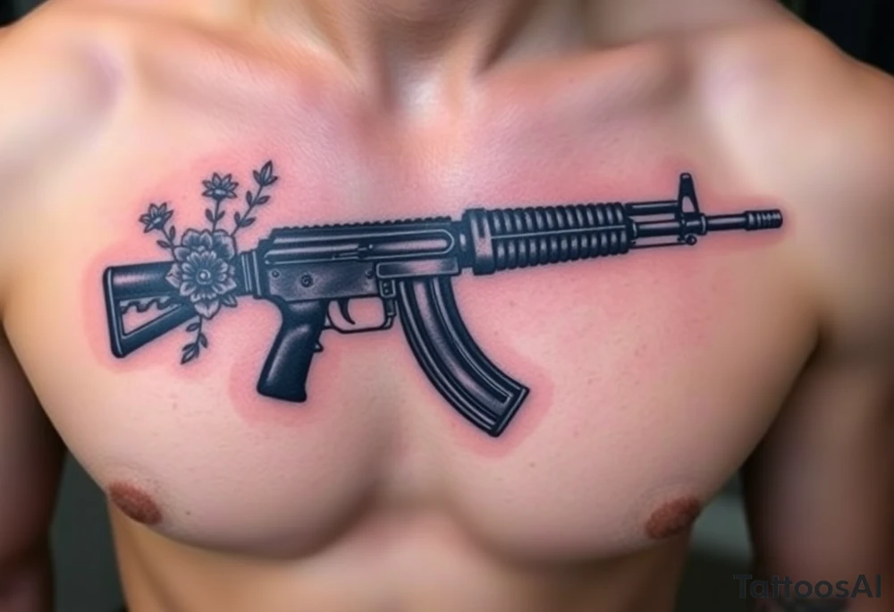 ak 47 black silhouette with floreal details tattoo idea