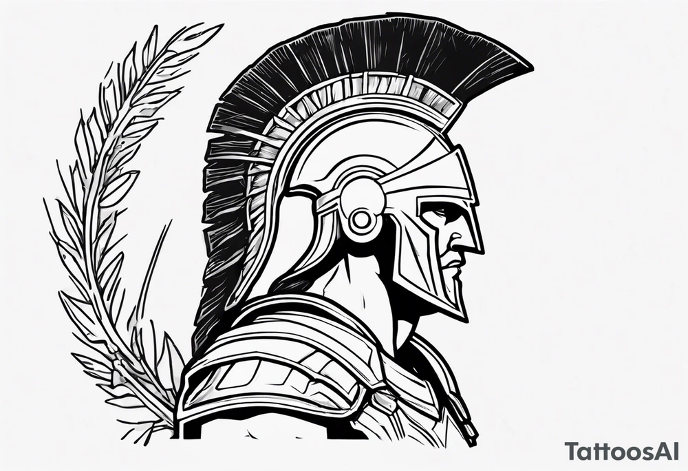 rectangular landscape format ultra-fine line linework vector of a spartan from the side, spartan spear, spartan shield, laurel wreath tattoo idea