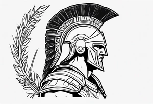 rectangular landscape format ultra-fine line linework vector of a spartan from the side, spartan spear, spartan shield, laurel wreath tattoo idea