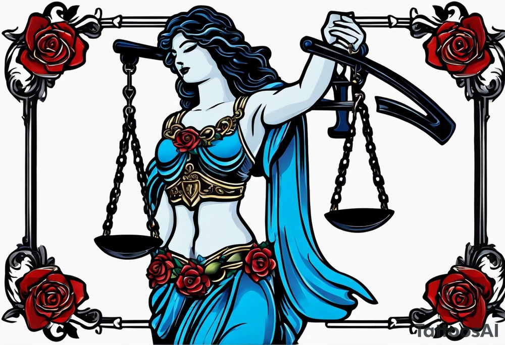 Lady Justice, 
Blindfold:
Scales: 
 Lady Justice is shown with black hair, which is a unique artistic choice compared to the more traditional representations. The scales, blindfold, and sword are all present, adhering to the classic iconography but with a modern and colorful twist. blue roses frames, background blue,present it in a tattoo tattoo idea