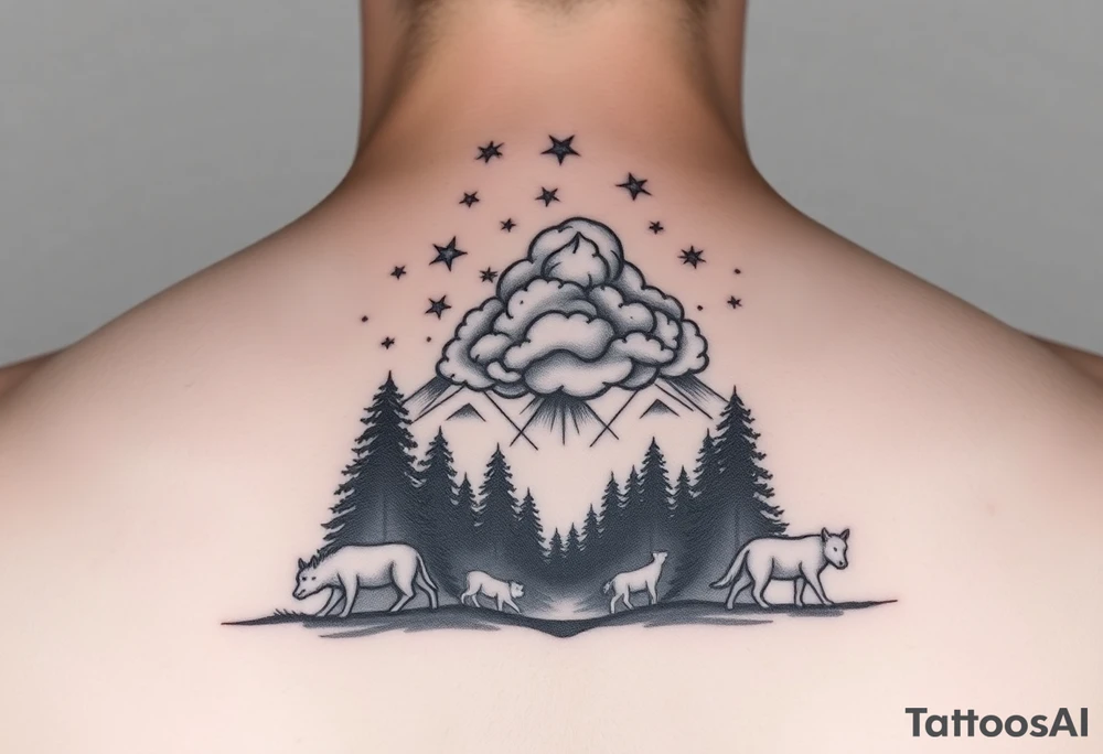 stars in the cloud with a stormy view with a forrest with animals tattoo idea