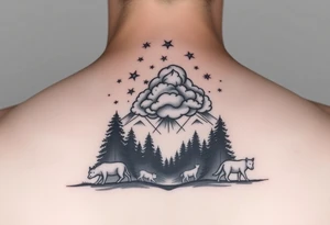 stars in the cloud with a stormy view with a forrest with animals tattoo idea