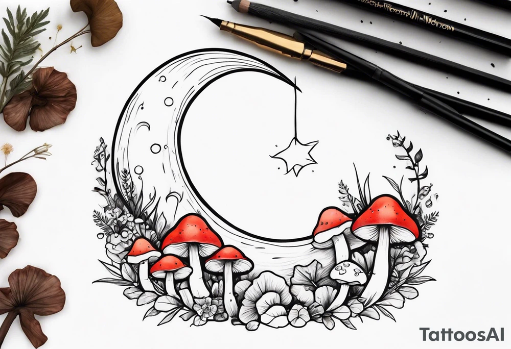 Crescent moon with mushrooms tattoo idea
