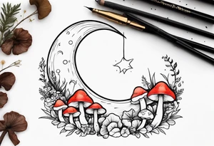 Crescent moon with mushrooms tattoo idea