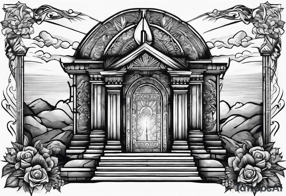 Tomb with cross and sun in the background tattoo idea