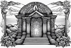 Tomb with cross and sun in the background tattoo idea