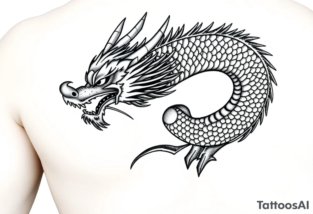 “Create a detailed black-and-gray dragon tattoo design covering the hand and forearm. The design should include intricate scales, fierce eyes, and a bold, flowing style. The dragon’s head should start at the hand, with its body coiling up the forearm. Ensure the shading is rich and dynamic, emphasizing depth and texture, with traditional Asian tattoo art influences.” tattoo idea