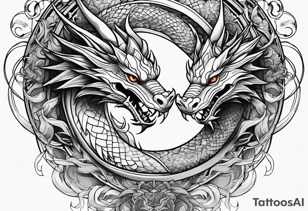 white and black dragon intertwined around the yinyan and with each other tattoo idea