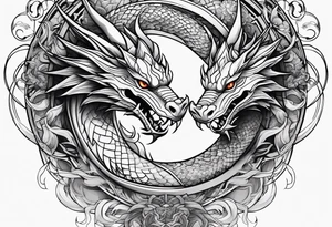 white and black dragon intertwined around the yinyan and with each other tattoo idea