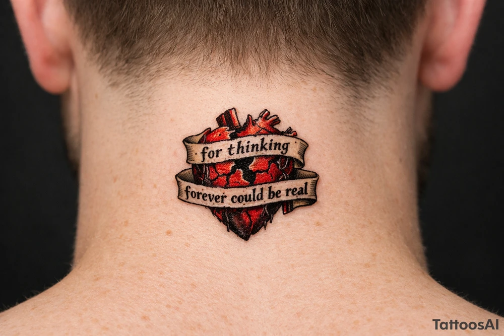 A realistic heart damaged beyond repair with the words wrapped around it “for thinking forever could be real” tattoo idea